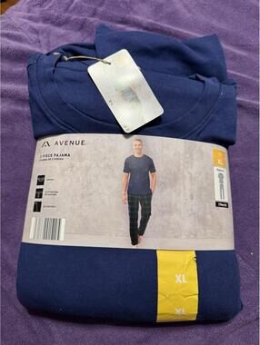 Avenue Men's 2 Piece Pajama Set XL Navy Plaid Cotton Top Polyester Bottom